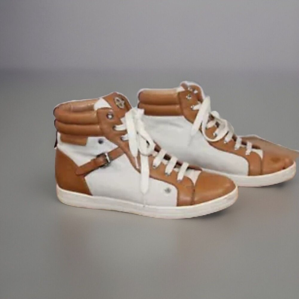 Longchamp Leather Hi Top Sneakers Size 40 US 8.5 Beige Luggage Cognac Brown